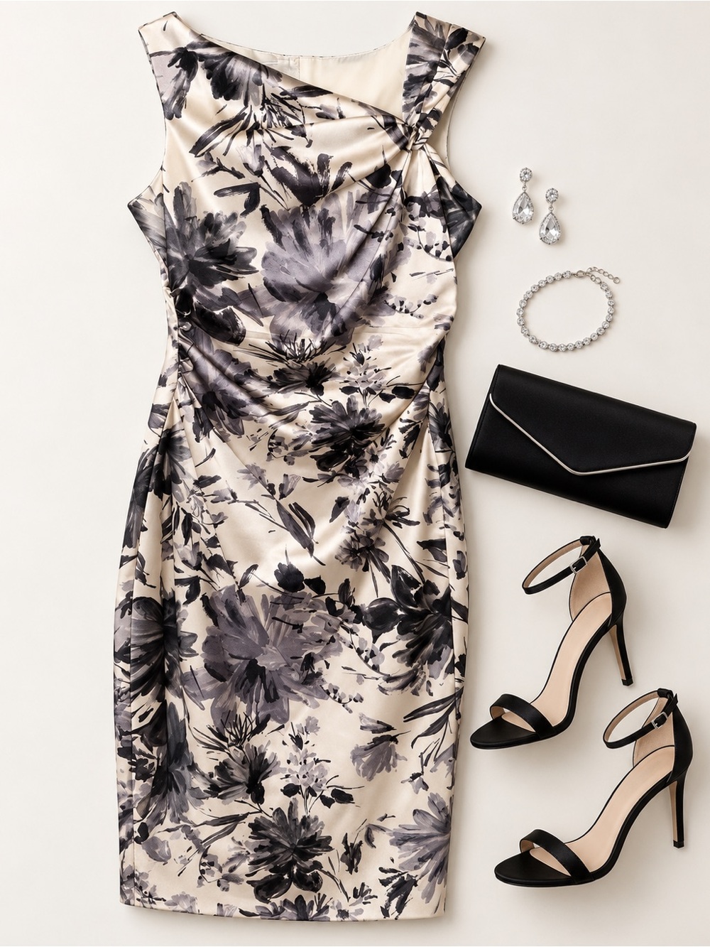 Maggy London Floral Satin Ruched Sheath Cocktail Dress